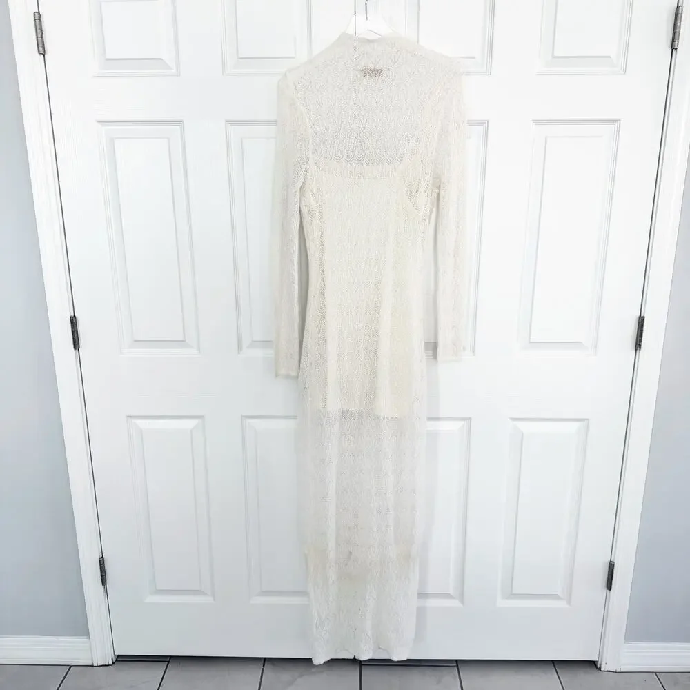 Abercrombie & Fitch Sheer White Merino Wool Blend Maxi Sweater Mock Neck Dress